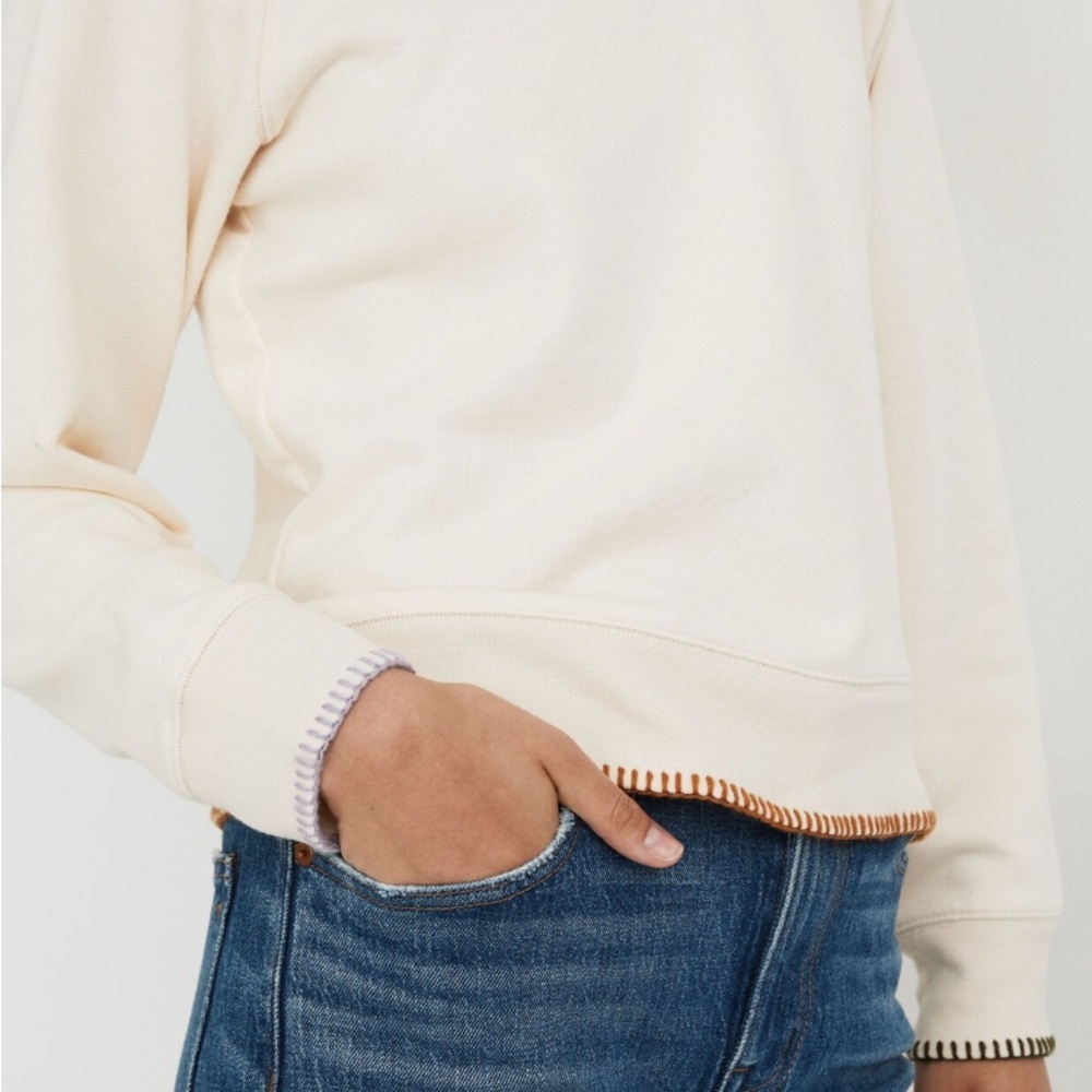 Madewell Stitched Shrunken Sweatshirt Cream Top with‎ Lavender Stitching Small